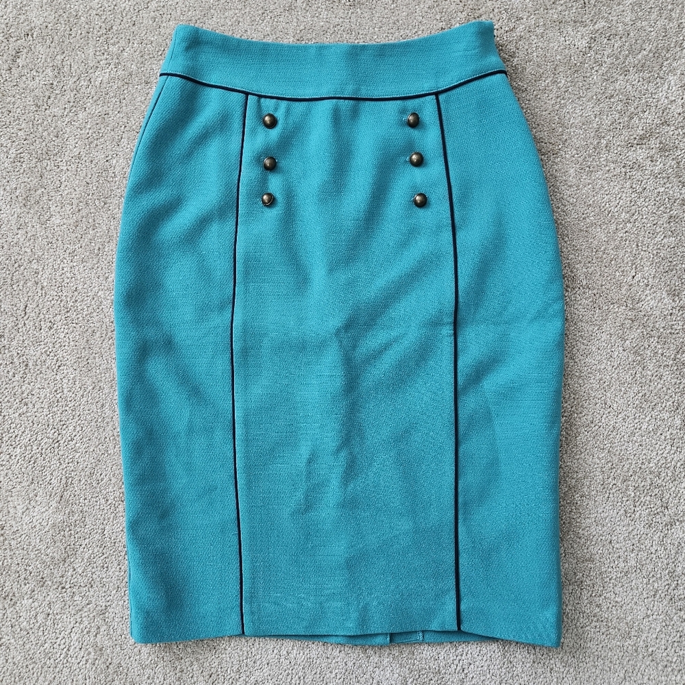 DownEast Teal Pencil Skirt with decorative brass button and corset ribbon detail